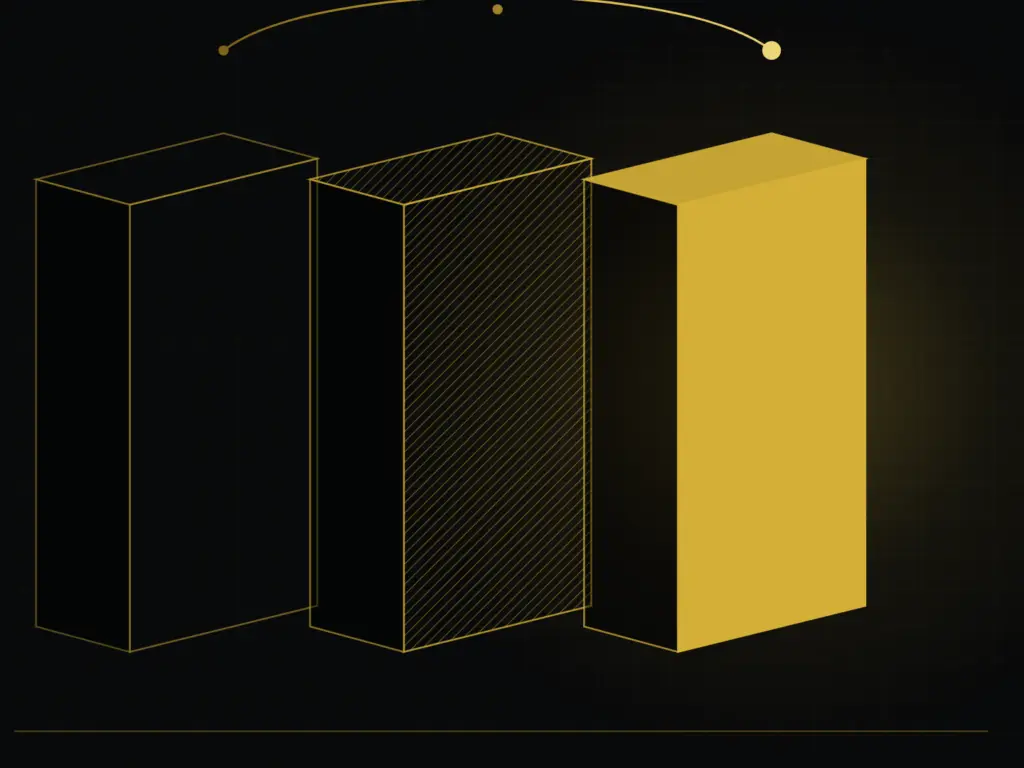 Three forms progressing from outline to solid gold, illustrating build, operate and transfer